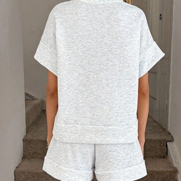 Light Grey Casual Women's Loose Zipper Polo Collar Top and Shorts Set - Picture 2 of 7